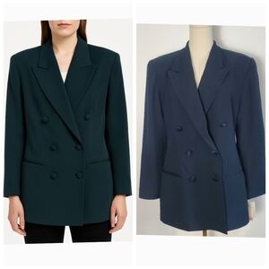 NWT Vintage Evan Picone Green Double-Breasted Blazer with Peaked Lapels